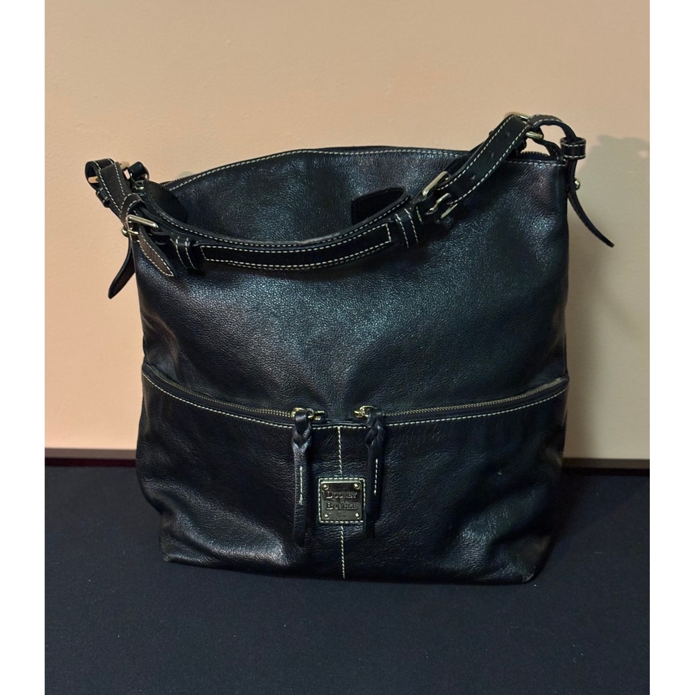 Dooney & Bourke Black Pebbled Leather Hobo Shoulder Bag Front Zip Pockets